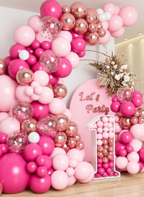 Pink Balloon Arch Kit,140Pcs Hot Pink Balloons Arch Garland Kit with Hot Pink Balloons,White Metallic Rose Gold Confetti Balloons for Girls Birthday Party,Baby Shower Decoration,Wedding,Bridal Shower