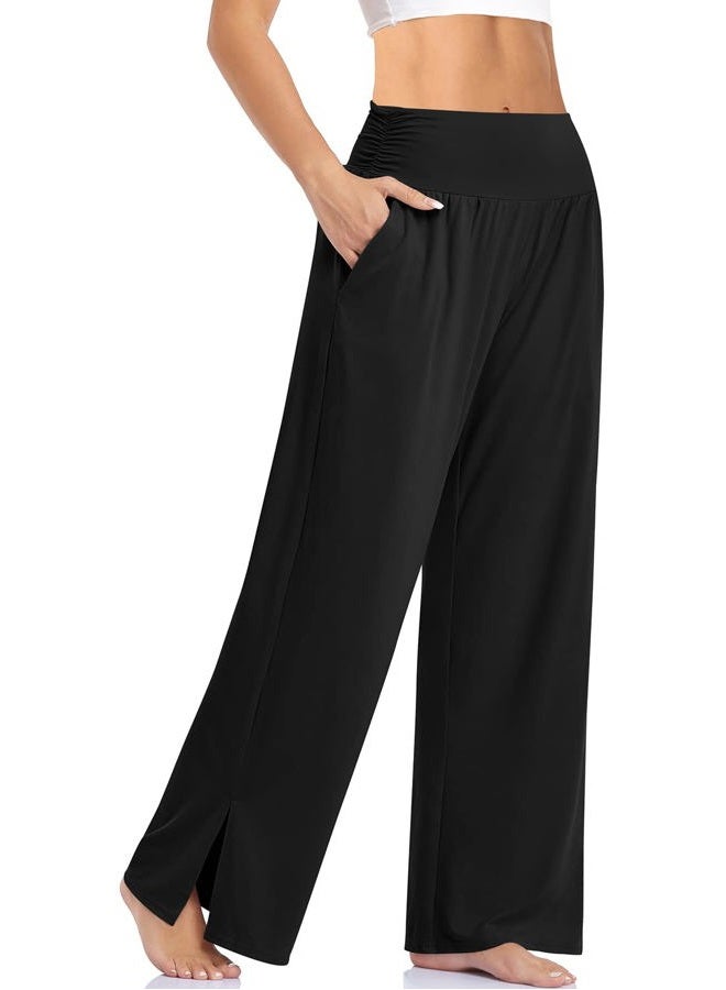 UEU Womens Wide Leg Yoga Pants High Waisted Adjustable Tie Knot Joggers Casual Loose Plus Size Lounge Sweatpants with Pockets, Black, L - Image 1