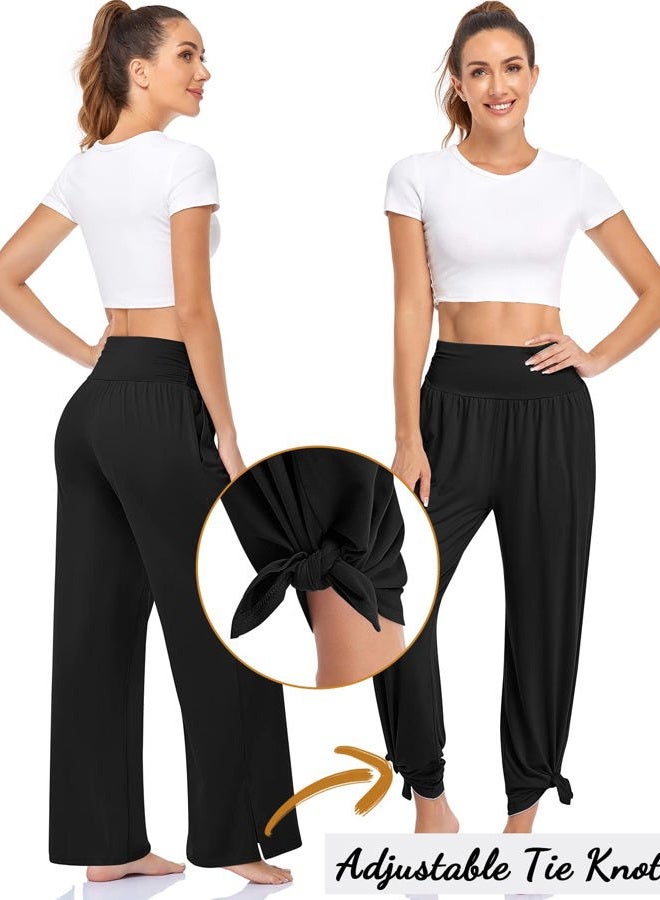 UEU Womens Wide Leg Yoga Pants High Waisted Adjustable Tie Knot Joggers Casual Loose Plus Size Lounge Sweatpants with Pockets, Black, L - Image 5