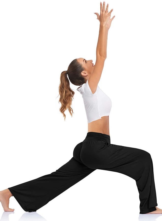 UEU Womens Wide Leg Yoga Pants High Waisted Adjustable Tie Knot Joggers Casual Loose Plus Size Lounge Sweatpants with Pockets, Black, L - Image 4