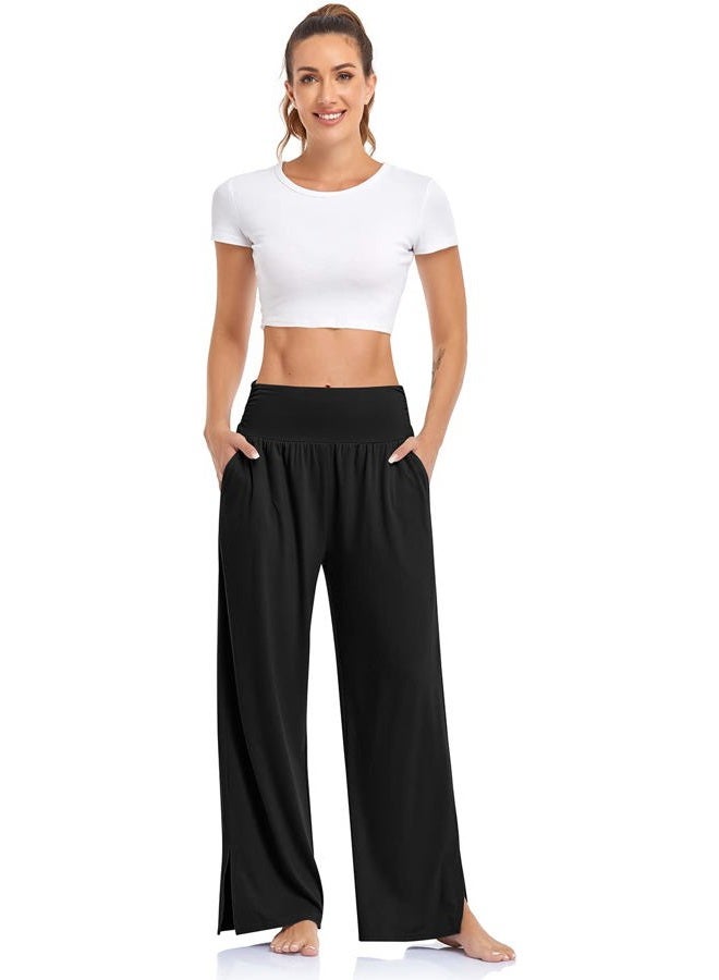 UEU Womens Wide Leg Yoga Pants High Waisted Adjustable Tie Knot Joggers Casual Loose Plus Size Lounge Sweatpants with Pockets, Black, L - Image 2