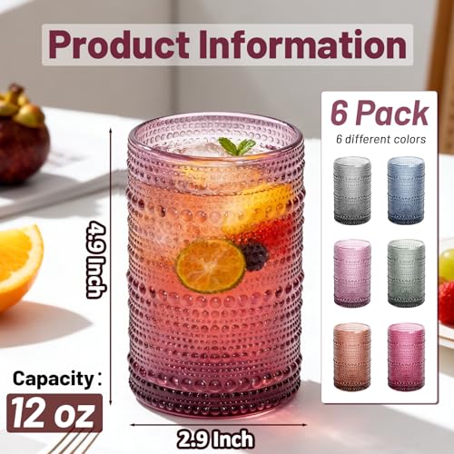 GGOLDMER Colored Hobnail Drinking Glasses Set of 6, 12oz Vintage Kitchen Glassware, Embossed Design Water Glasses, Glass Cups, Water Tumbler for Beer, Juice, Cocktail, Whiskey, Milk - Image 2