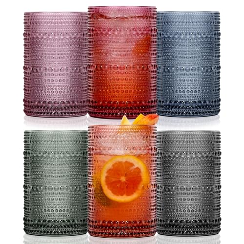GGOLDMER Colored Hobnail Drinking Glasses Set of 6, 12oz Vintage Kitchen Glassware, Embossed Design Water Glasses, Glass Cups, Water Tumbler for Beer, Juice, Cocktail, Whiskey, Milk - Image 1