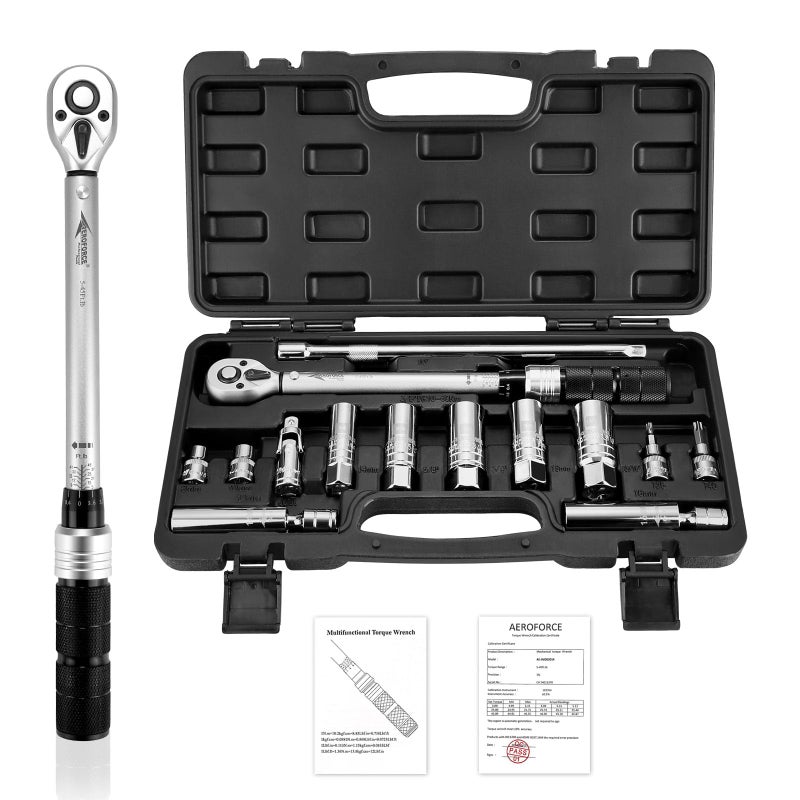 AEROFORCE Professional Tools AEROFORCE 14PCS 3/8-Inch Drive Swivel Magnetic Spark Plug Socket Set with 3/8'' Torque Wrench (5-45 Lb.ft/6.8-61.2 Nm), Universal Joint & Extension Bar - Durable CR-V Steel for Easy Spark Plug Removal - Image 1