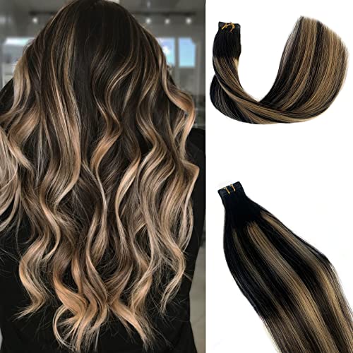 Smavida 24Inch Long Tape in Human Hair Extensions Highlighted Natural Black to Strawberry Blonde Remy Hair Extensions 613 Blonde Tape in Skin Weft Natural Hair Extensions - Image 1