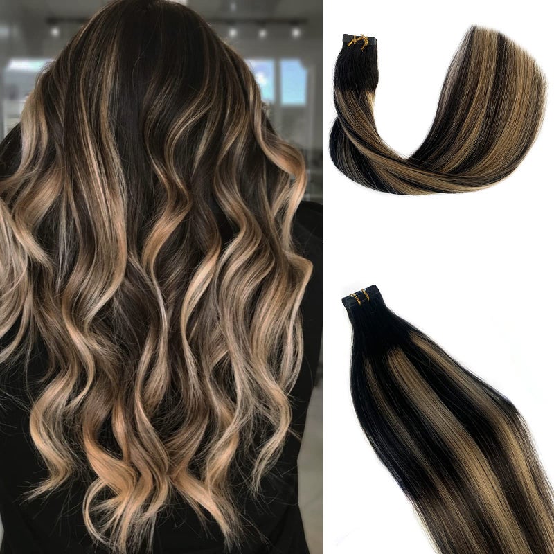 Smavida 24Inch Long Tape in Human Hair Extensions Highlighted Natural Black to Strawberry Blonde Remy Hair Extensions 613 Blonde Tape in Skin Weft Natural Hair Extensions - Image 2