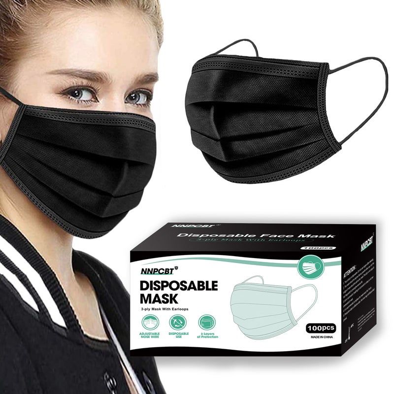 NNPCBT 100PCS 3 Ply Black Disposable Face Mask Filter Protection Face Masks - Image 1