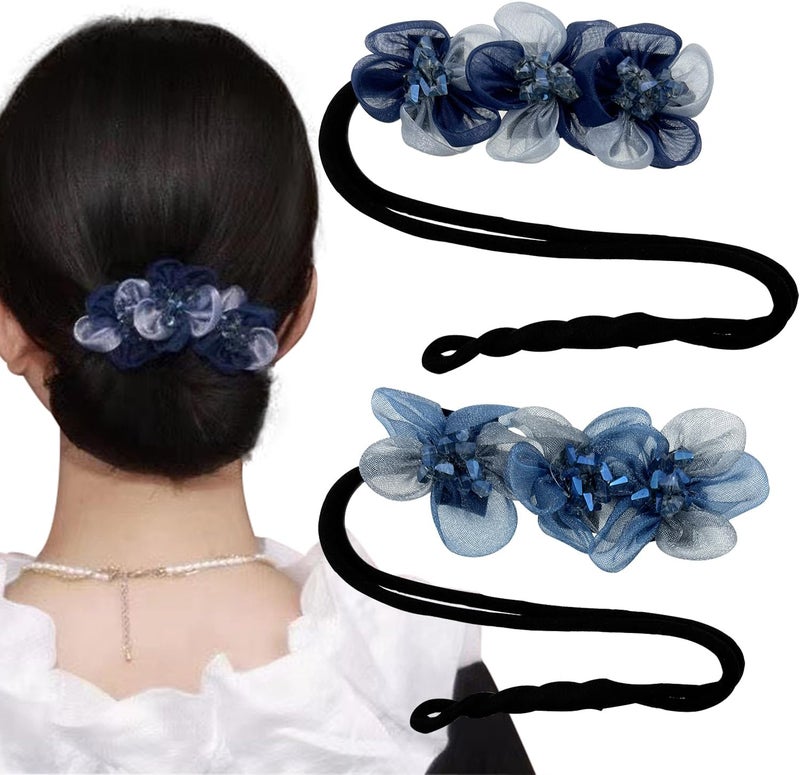 2 PACK Blue Flowers Rhinestone Hair Bun Maker Elegant Lazy Hair Curler Crystal Hair Bun Maker French Hairstyle Twist Bun Maker Elegant Hair Accessories For Women Girls