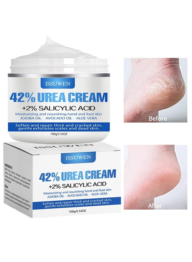 ISSUWEN Urea Cream 42% And Salicylic Acid 2% , Moisturizing And Nourishing Hand And Foot Skin, Jojoba Oil:AvocADOado Oit:Aloe Vera. Soften And Repair Thick And Cracked Skin, Gentle Exfoliates Scales And Dead Skin.  - Image 1