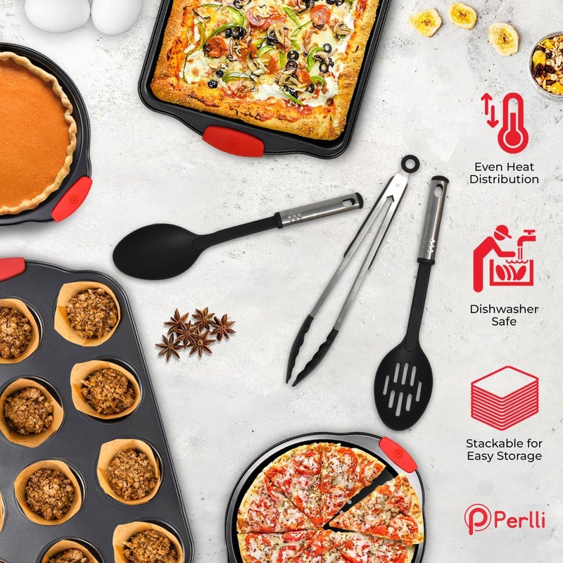 PERLLI Non-Stick 17-Piece Baking Pan Set, BPA-Free Carbon Steel Bakeware Set with Silicone Handles, Stackable Kitchen Oven Set, Cookie Sheet, Baking Tray, Baking Sheet Set, Utensils, Oven Safe (446°F) - Image 4