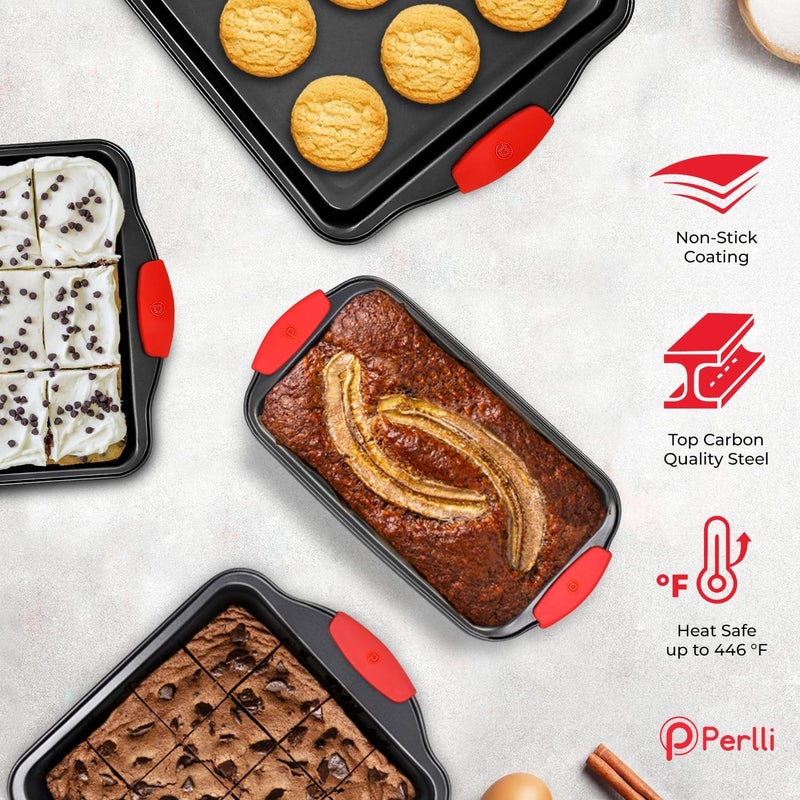 PERLLI Non-Stick 17-Piece Baking Pan Set, BPA-Free Carbon Steel Bakeware Set with Silicone Handles, Stackable Kitchen Oven Set, Cookie Sheet, Baking Tray, Baking Sheet Set, Utensils, Oven Safe (446°F) - Image 3