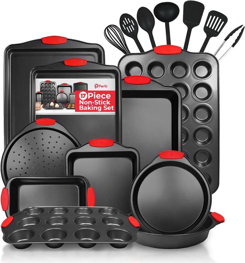 PERLLI Non-Stick 17-Piece Baking Pan Set, BPA-Free Carbon Steel Bakeware Set with Silicone Handles, Stackable Kitchen Oven Set, Cookie Sheet, Baking Tray, Baking Sheet Set, Utensils, Oven Safe (446°F) - Image 1