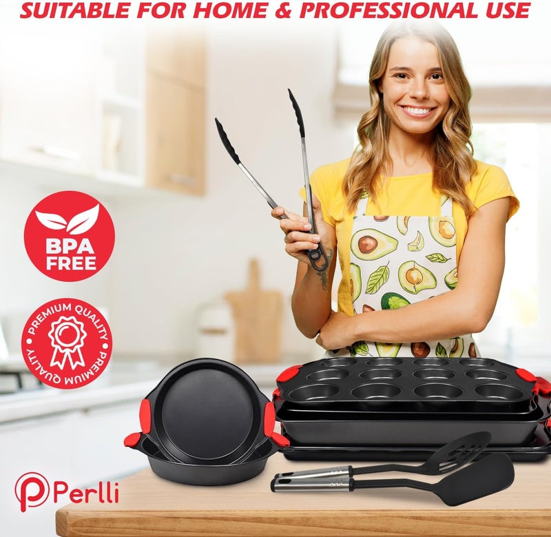 PERLLI Non-Stick 17-Piece Baking Pan Set, BPA-Free Carbon Steel Bakeware Set with Silicone Handles, Stackable Kitchen Oven Set, Cookie Sheet, Baking Tray, Baking Sheet Set, Utensils, Oven Safe (446°F) - Image 5