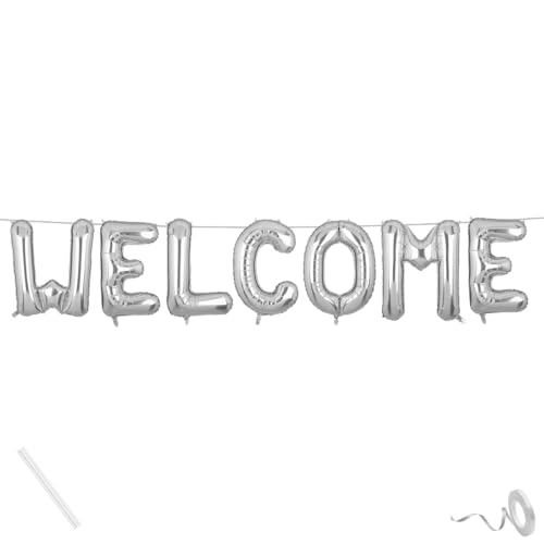 Flyloons Welcome Banner Silver for Birthday Wedding Office Home Baby Boy Girl Foil Balloon Decoration Decor Celebration - Image 1