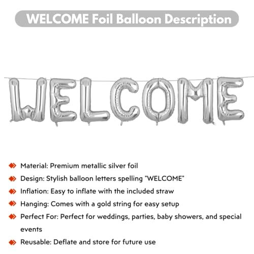 Flyloons Welcome Banner Silver for Birthday Wedding Office Home Baby Boy Girl Foil Balloon Decoration Decor Celebration - Image 3