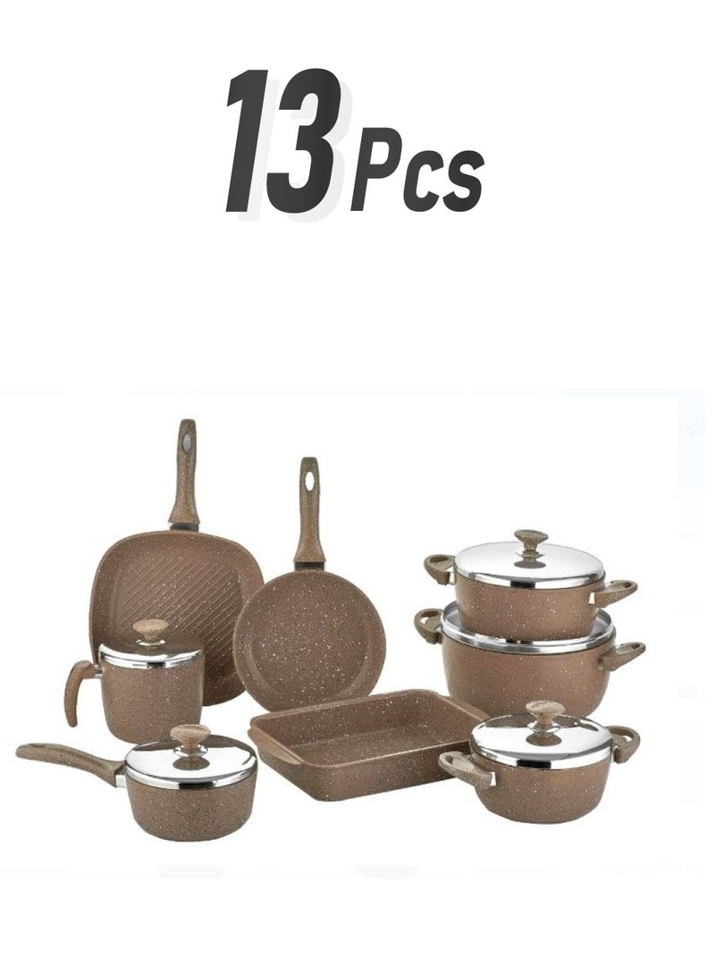 سافلون طقم قدور تركي مدور صافلون 13 قطعة جرانيت بني - Image 1