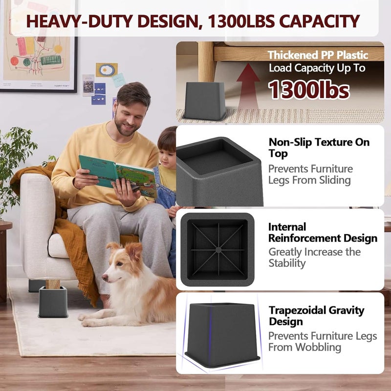 Demiwise Heavy Duty Bed Risers - Set of 4 Adjustable Furniture Risers, Elevation Heights of 3, 5 & 8 Inches, Supports Up to 1,300 lbs for Bed, Couch, Table & Chair(Grey) - Image 3