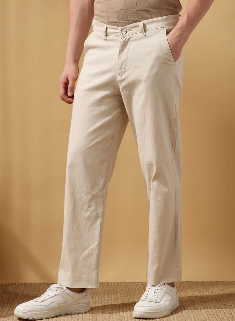 Dennis Lingo Men'S Beige 100% Cotton Solid Pattern Full Length Chinos Relaxed Trouser - Image 2