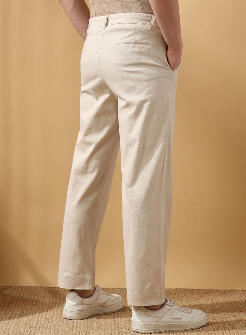 Dennis Lingo Men'S Beige 100% Cotton Solid Pattern Full Length Chinos Relaxed Trouser - Image 3