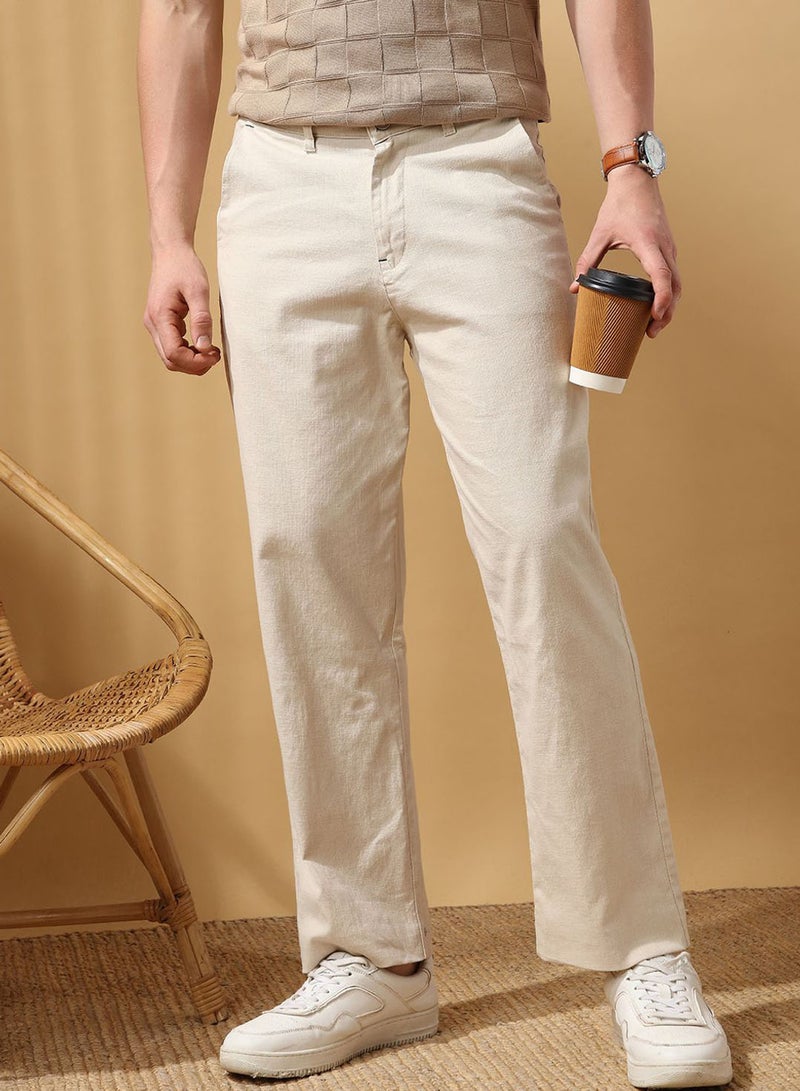 Dennis Lingo Men'S Beige 100% Cotton Solid Pattern Full Length Chinos Relaxed Trouser - Image 1