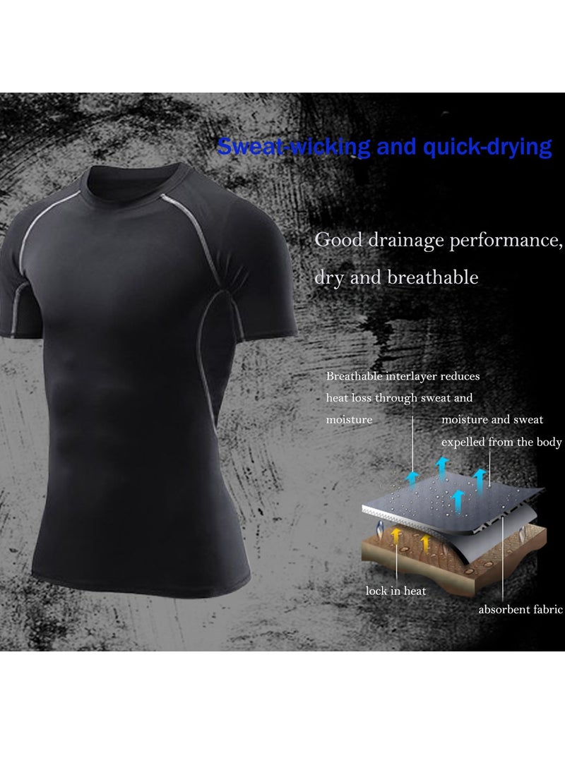 2-Piece Short Sleeve Shorts Men's Compression Shirts, Athletic Compression Tops Cool Dry Workout T Shirt, Base Layer Undershirt Shorts  - Image 2