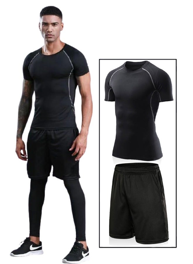 2-Piece Short Sleeve Shorts Men's Compression Shirts, Athletic Compression Tops Cool Dry Workout T Shirt, Base Layer Undershirt Shorts  - Image 1