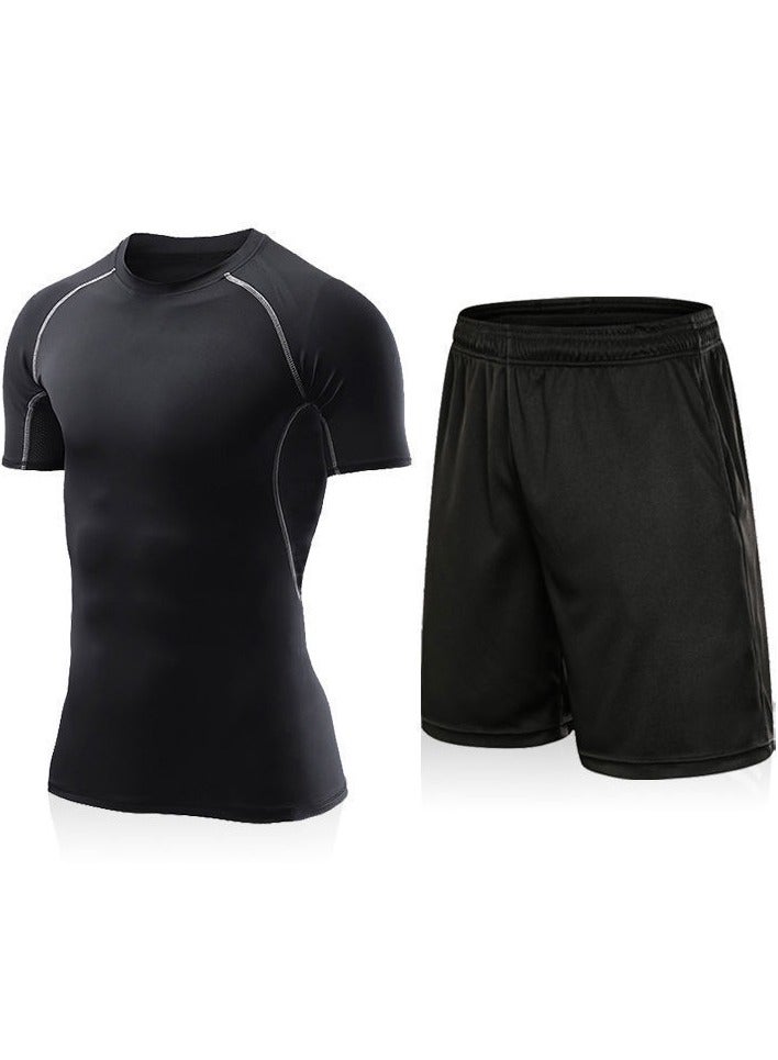 2-Piece Short Sleeve Shorts Men's Compression Shirts, Athletic Compression Tops Cool Dry Workout T Shirt, Base Layer Undershirt Shorts