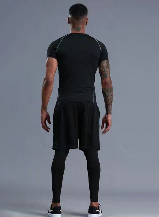 2-Piece Short Sleeve Shorts Men's Compression Shirts, Athletic Compression Tops Cool Dry Workout T Shirt, Base Layer Undershirt Shorts