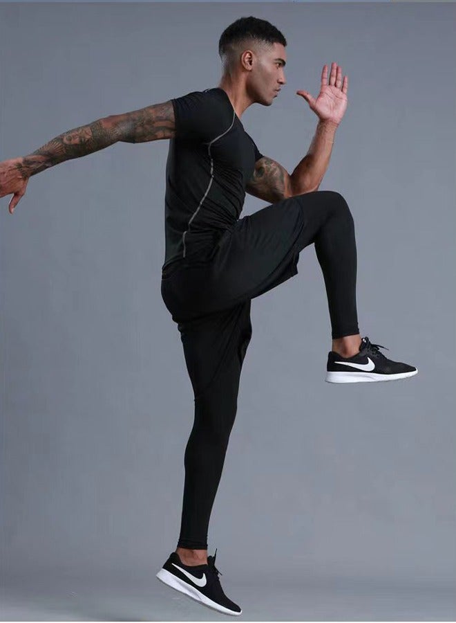 2-Piece Short Sleeve Shorts Men's Compression Shirts, Athletic Compression Tops Cool Dry Workout T Shirt, Base Layer Undershirt Shorts