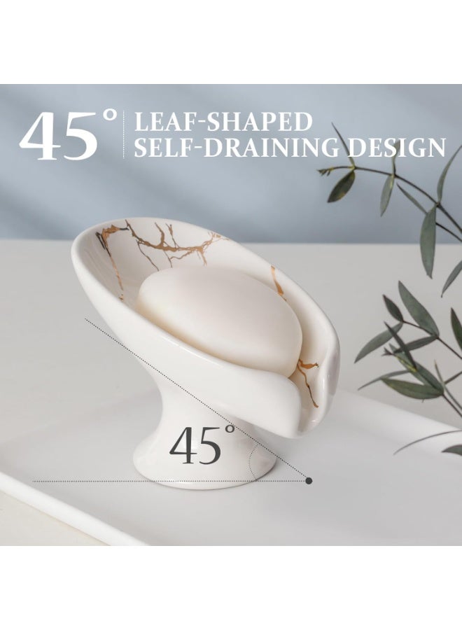 Self-Draining Leaf Shape Ceramic Soap Dish Holder, Marble White with Gold Accents - Image 2