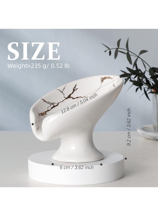 Self-Draining Leaf Shape Ceramic Soap Dish Holder, Marble White with Gold Accents - Image 3
