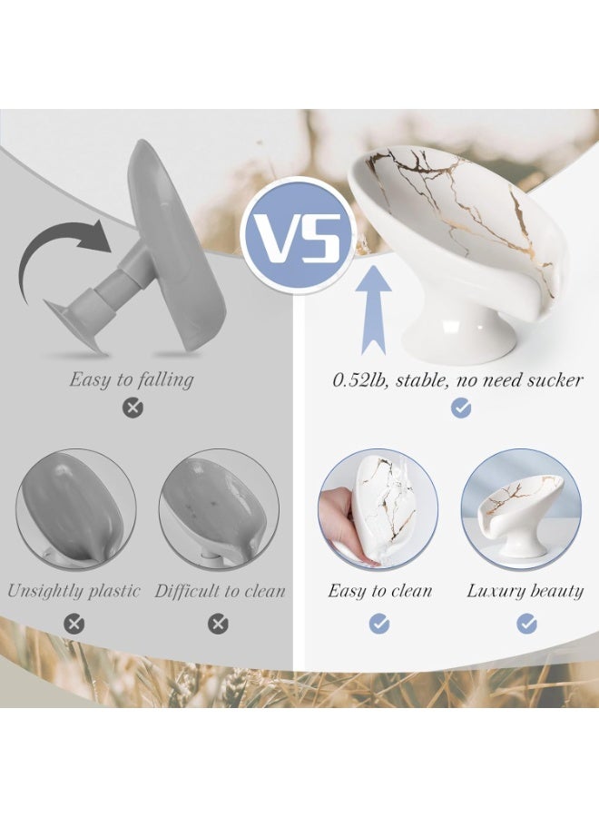 Self-Draining Leaf Shape Ceramic Soap Dish Holder, Marble White with Gold Accents - Image 4