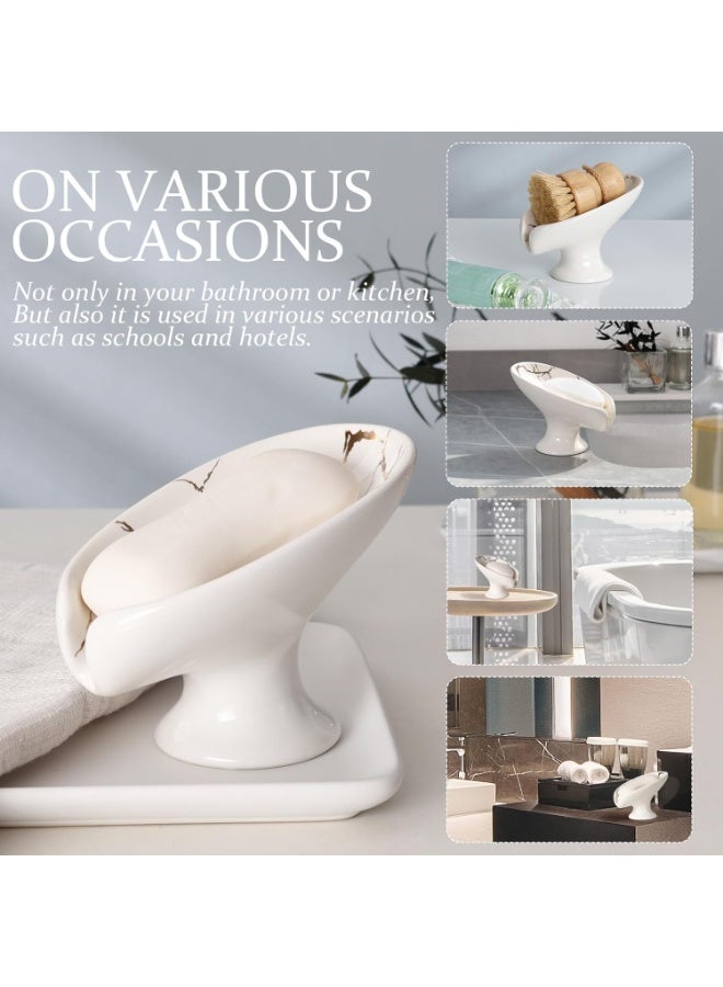 Self-Draining Leaf Shape Ceramic Soap Dish Holder, Marble White with Gold Accents - Image 5