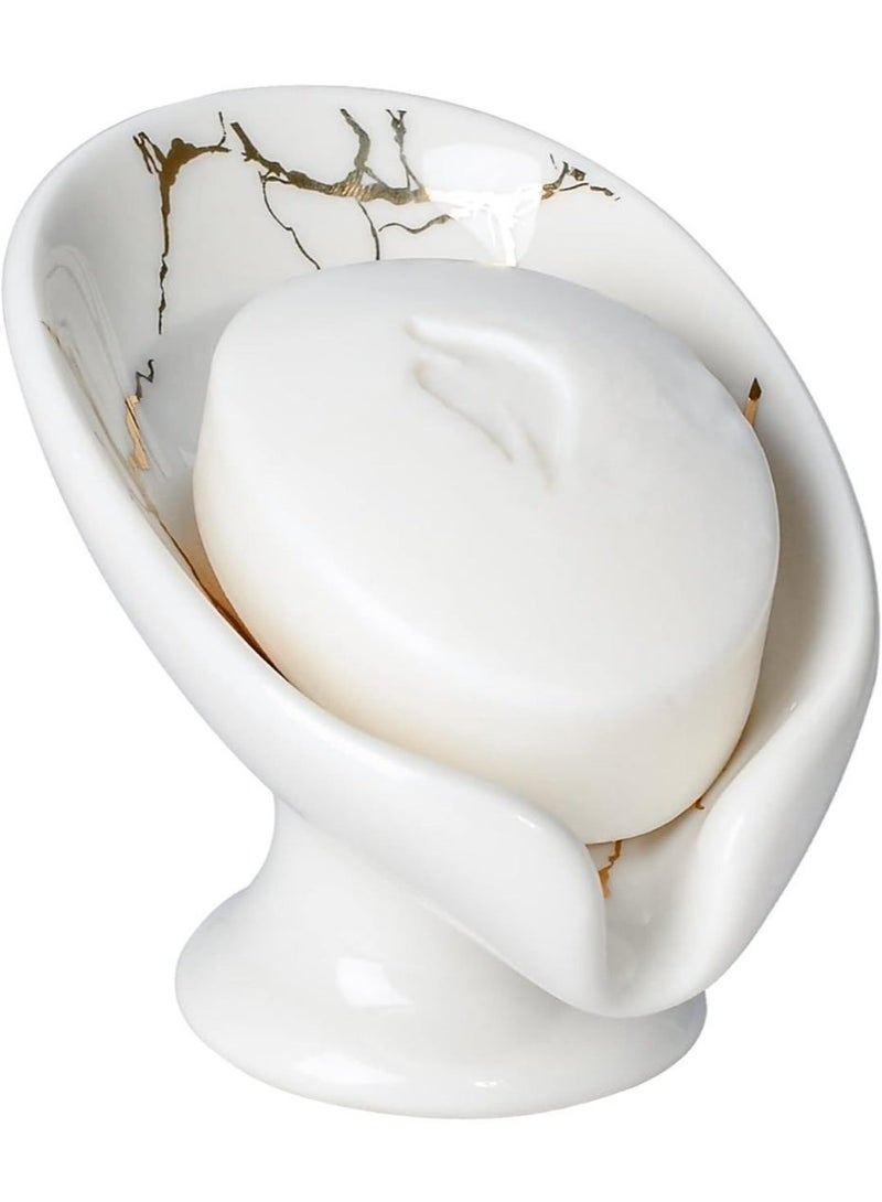 Self-Draining Leaf Shape Ceramic Soap Dish Holder, Marble White with Gold Accents - Image 1