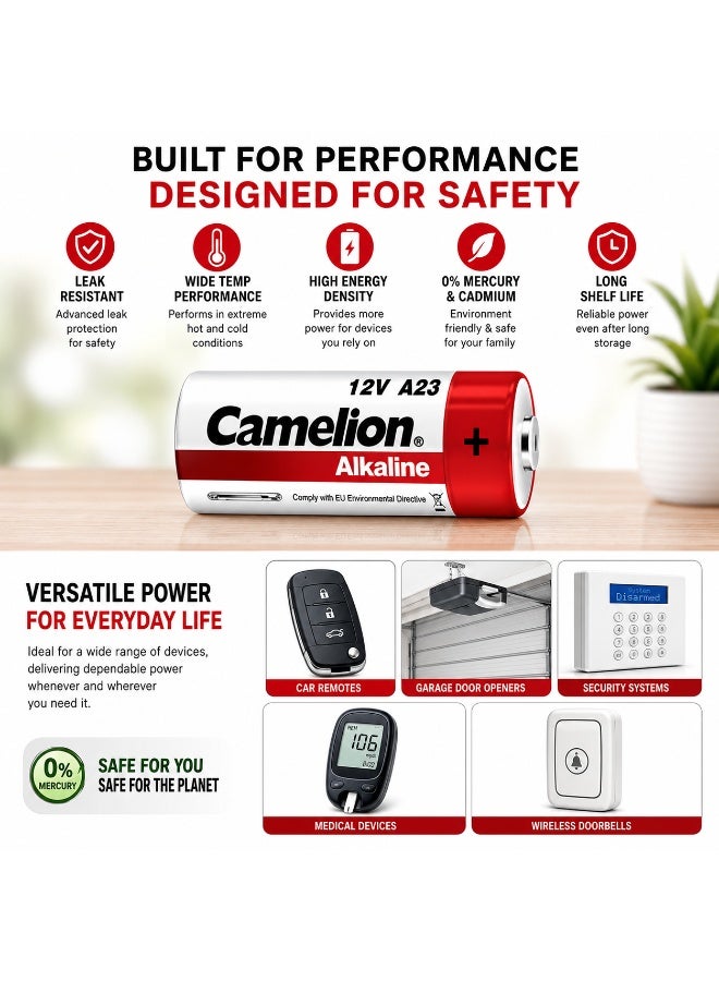 Camelion A23 12V Alkaline Batteries 5 Pack, Mini Battery for Car Alarm Remote, Garage Door Opener, Doorbell & Security Systems - Image 4