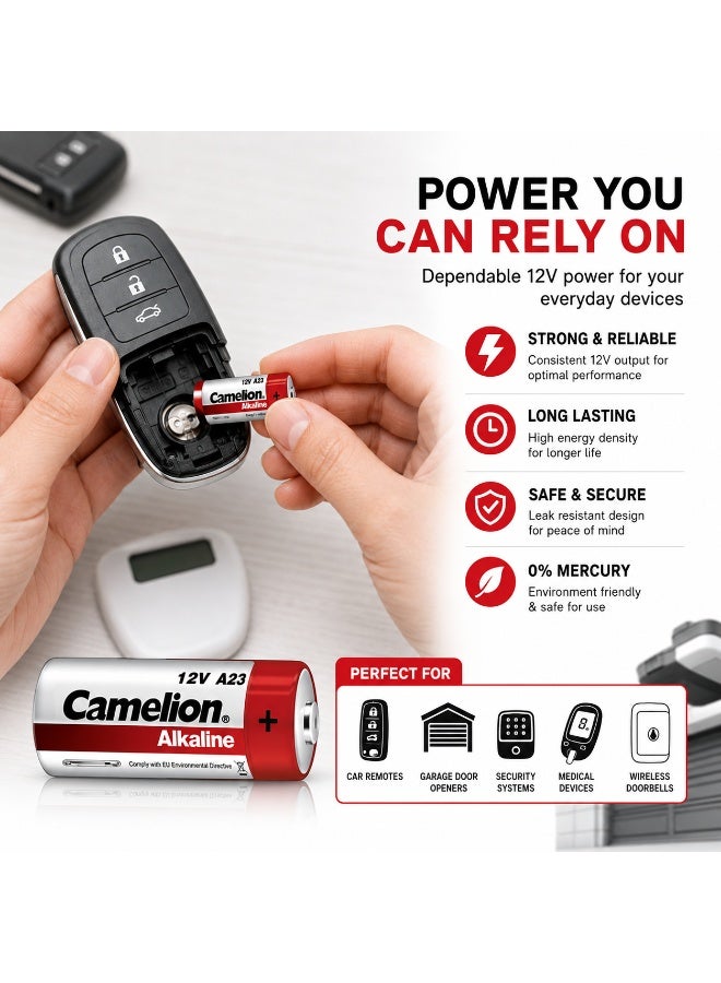 Camelion A23 12V Alkaline Batteries 5 Pack, Mini Battery for Car Alarm Remote, Garage Door Opener, Doorbell & Security Systems - Image 3