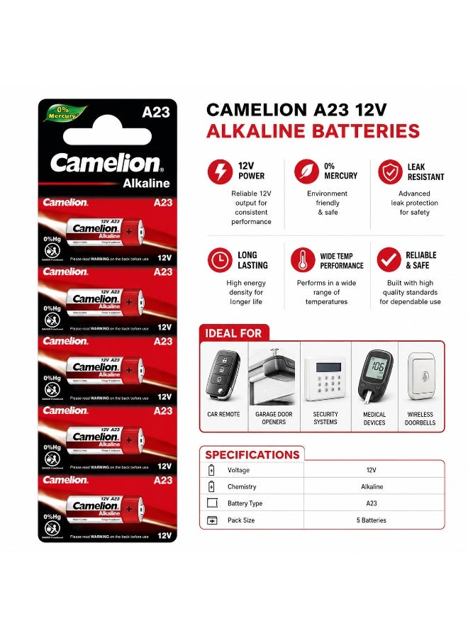 Camelion A23 12V Alkaline Batteries 5 Pack, Mini Battery for Car Alarm Remote, Garage Door Opener, Doorbell & Security Systems - Image 2