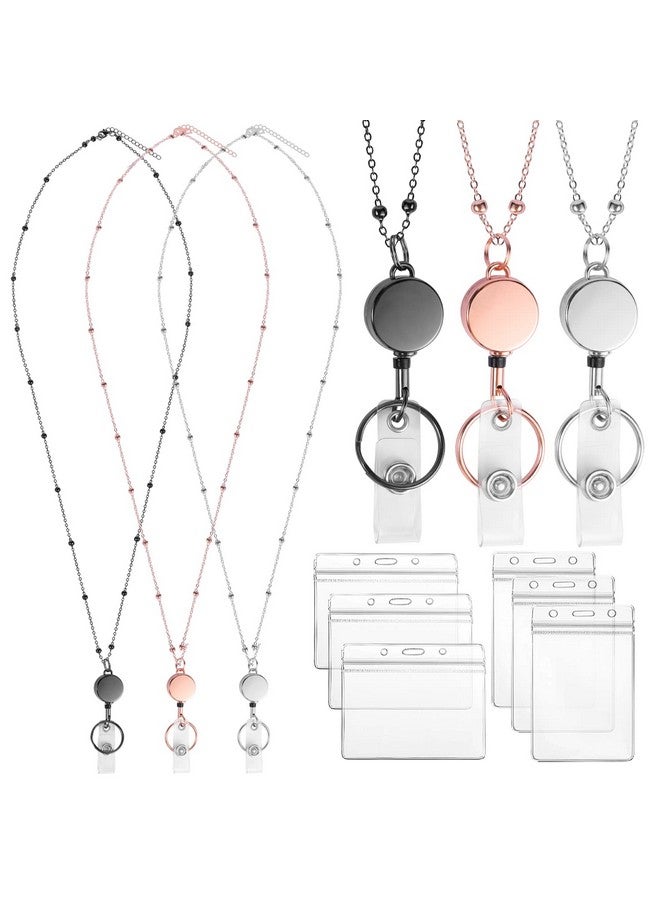 Prudiut Lanyards For Id Badges 3 Pack Badge Lanyard With 6 Pcs Id Badge Holder Retractable Stainless Steel Teacher Lanyards Cruise Ship Lanyards For Girl Women (Black Silver Rose Gold) - Image 1