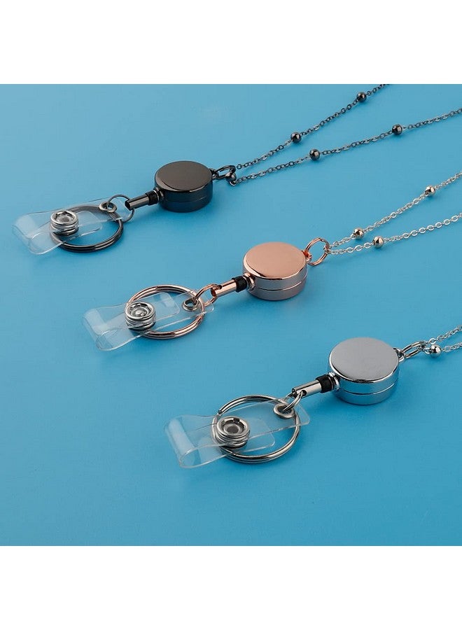 Prudiut Lanyards For Id Badges 3 Pack Badge Lanyard With 6 Pcs Id Badge Holder Retractable Stainless Steel Teacher Lanyards Cruise Ship Lanyards For Girl Women (Black Silver Rose Gold) - Image 2