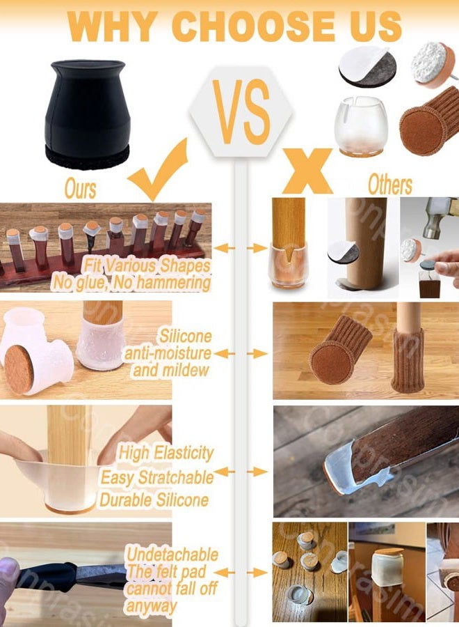 Conprasim Small Fit 15/16”to 1 7/32”Chair Leg Caps Floor Protectors Furniture Leg Feet Protective Cover, Chair Leg Protectors for Hardwood Floors, Silicone Furniture Pads with Felt, Slide No Scratches No Noise - Image 2