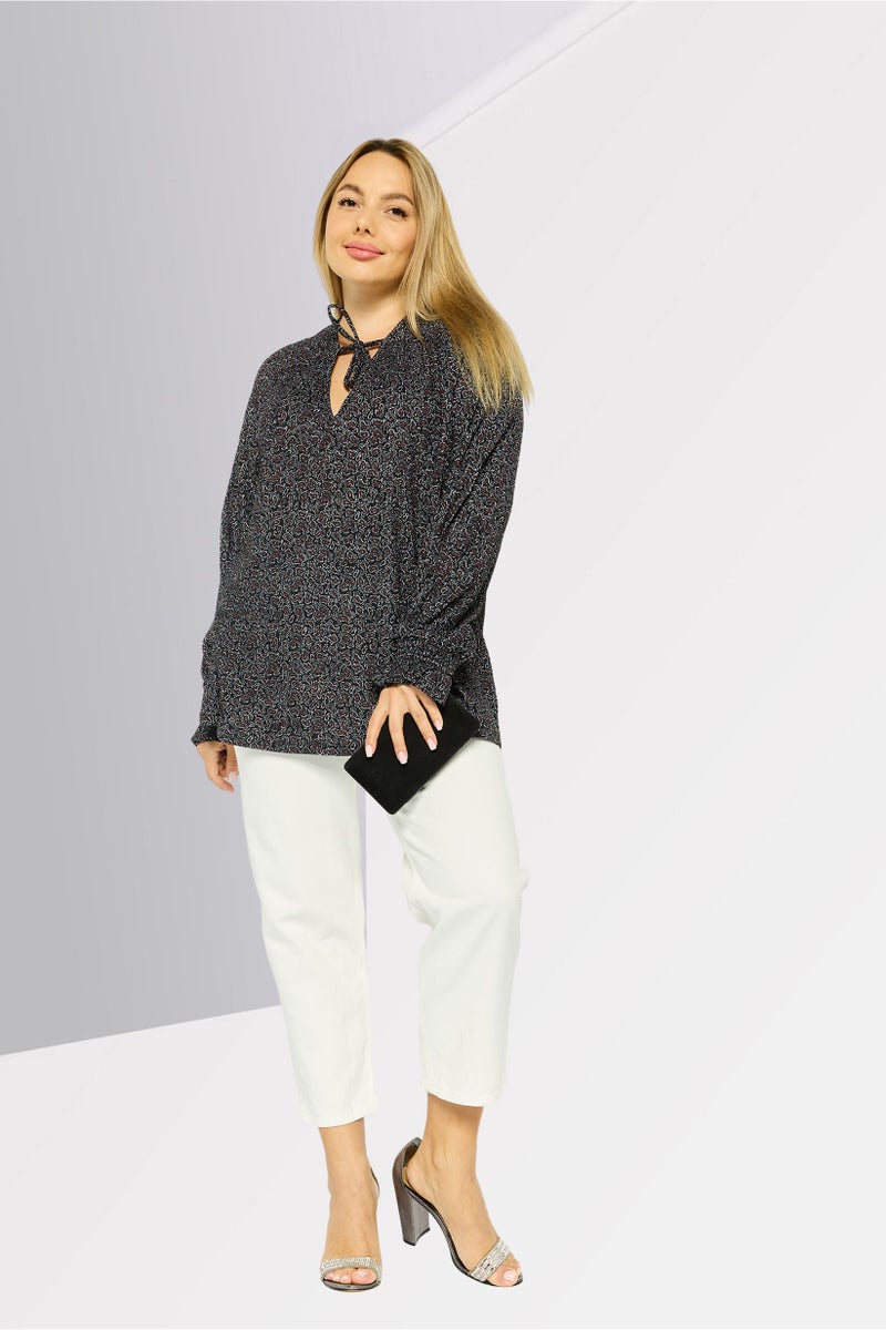 Michael Kors Women Tie Neck Long Sleeve Paisley Blouse, Black/Red  - Image 2