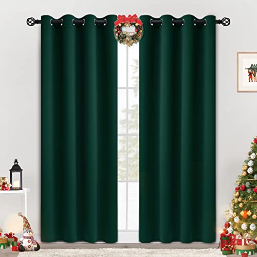 COSVIYA Grommet Blackout Room Darkening Curtains 84 inch Length 2 Panels,Thick Polyester Light Blocking Insulated Thermal Window Curtain Dark Green Drapes for Bedroom/Living Room,52x84 inches - Image 1