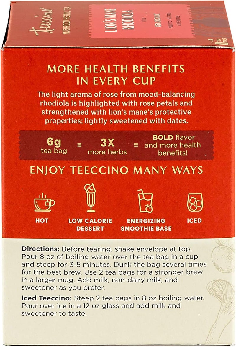 Teeccino Caffeine-Free Mushroom Adaptogenic Herbal Tea - Lion’s Mane Rhodiola - 10 Tea Bags - Image 3