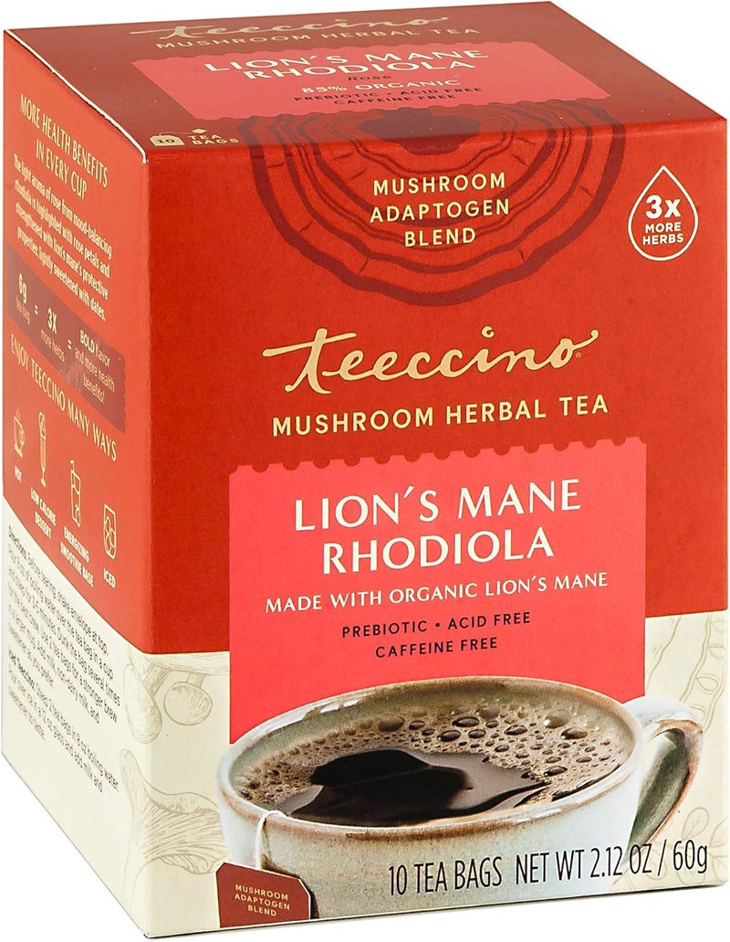 Teeccino Caffeine-Free Mushroom Adaptogenic Herbal Tea - Lion’s Mane Rhodiola - 10 Tea Bags - Image 1