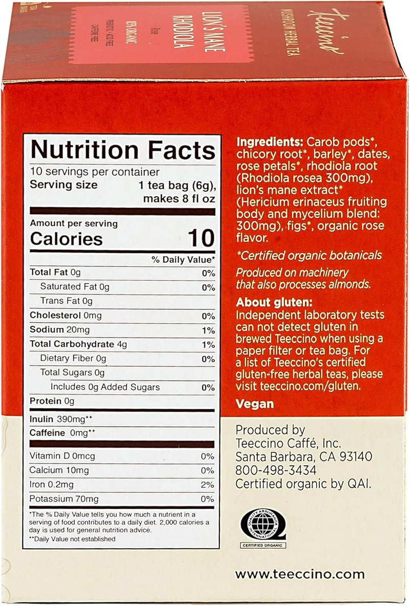 Teeccino Caffeine-Free Mushroom Adaptogenic Herbal Tea - Lion’s Mane Rhodiola - 10 Tea Bags - Image 2