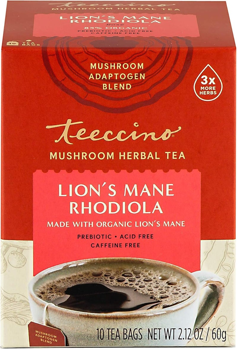 Teeccino Caffeine-Free Mushroom Adaptogenic Herbal Tea - Lion’s Mane Rhodiola - 10 Tea Bags - Image 5