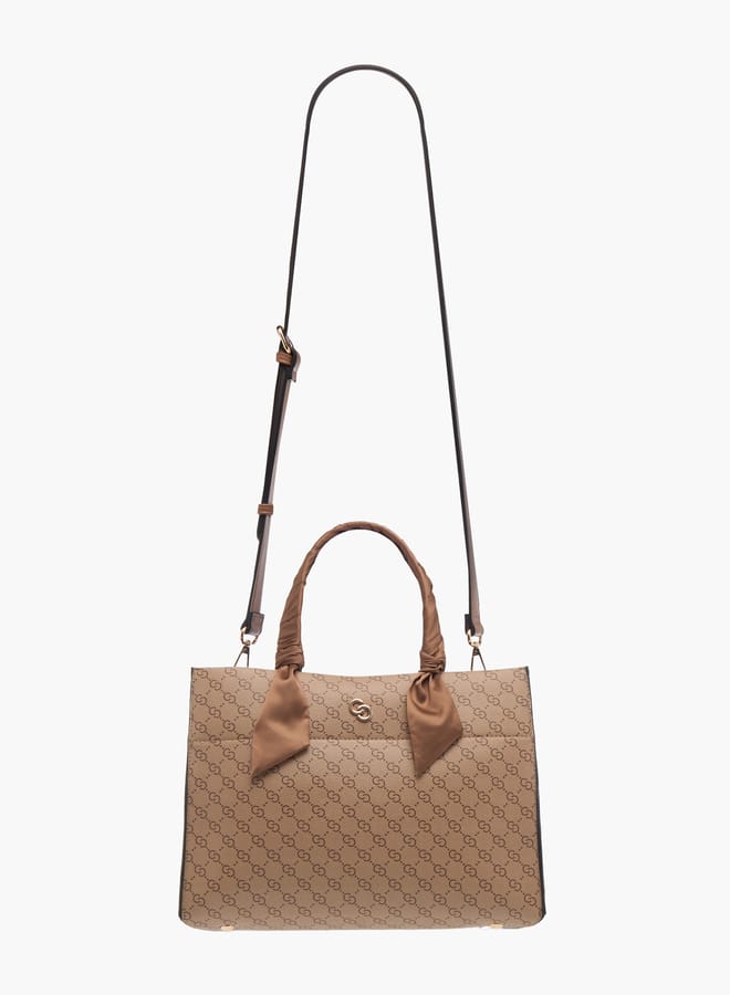 Celeste Womens Monogram Print Tote Bag With Scarf Detail And Zip Closure  - Image 3