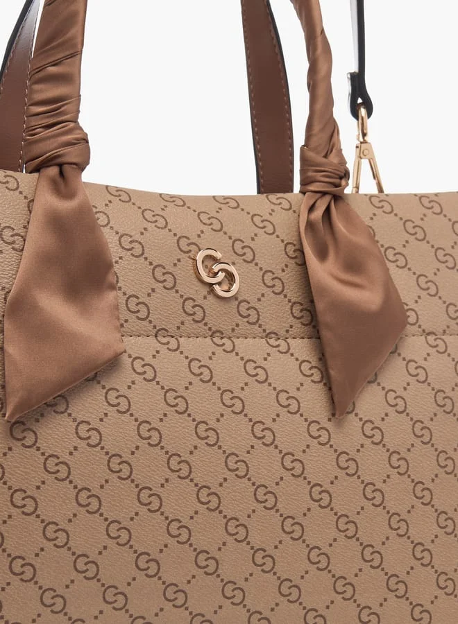 Celeste Womens Monogram Print Tote Bag With Scarf Detail And Zip Closure