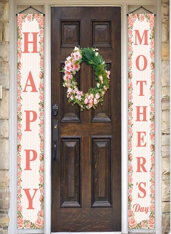 Pudodo Happy Mother's Day Porch Banner I Love Mom Pink Rose Floral Holiday Party Front Door Sign Wall Hanging Banner Decoration - Image 1