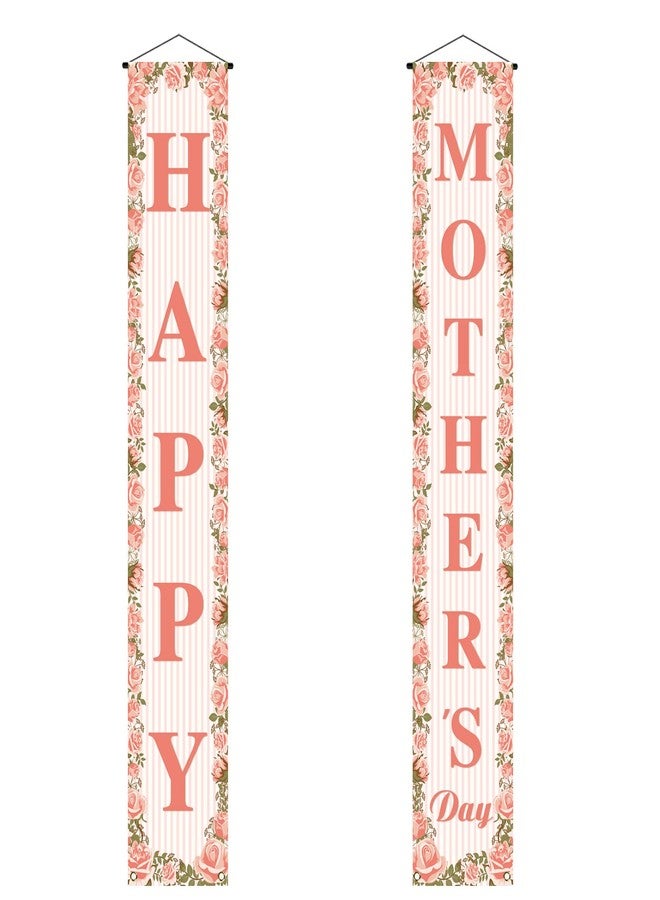 Pudodo Happy Mother's Day Porch Banner I Love Mom Pink Rose Floral Holiday Party Front Door Sign Wall Hanging Banner Decoration - Image 3